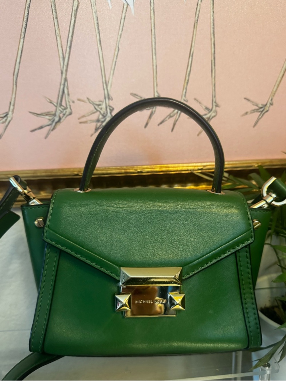 Michael Kors Manhattan Small Satchel Green Leather Top Handle Crossbody Bag